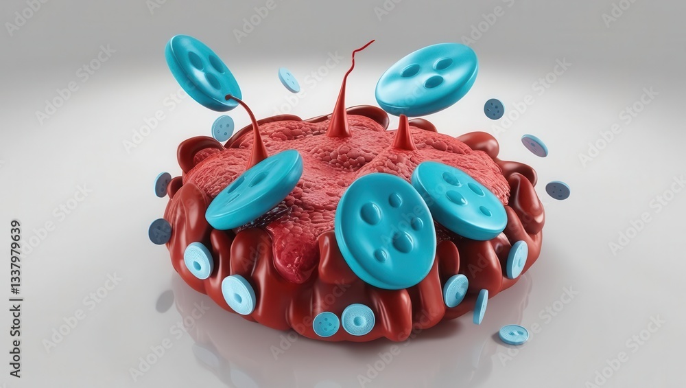 Poster 3d concept cell anatomy biological. 3d rendering of a cell with blue structures and red background.
