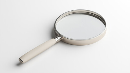 Highly Detailed Magnifying Glass with Silver Metallic Frame and Clear Lens, Featuring a Minimalist White Background, Representing Exploration and Investigation.