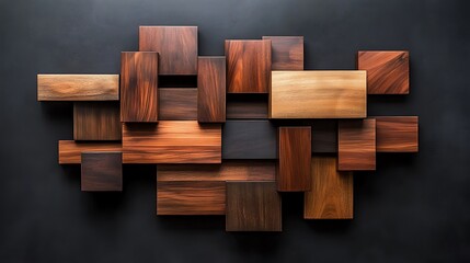 A sleek wall-mounted wooden sculpture featuring layered geometric shapes, crafted from dark walnut and light birch, accented with fine metallic inlays,