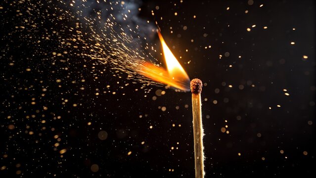 Ignition: A striking match bursts into flames against a dark backdrop, accompanied by a shower of sparks. This moment encapsulates energy, potential, and the beginning of something new.