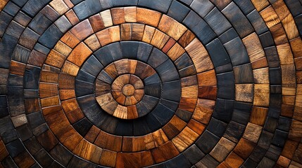 Fototapeta premium A sophisticated mosaic pattern of wooden tiles arranged in concentric circles, with polished finishes and a mix of dark and light stains, creating an elegant and textured wall decor piece. --ar 16:9
