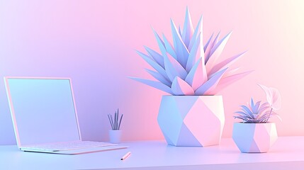 Pastel Minimalist Workspace Laptop Geometric Pots Plants in Pink Blue Lighting