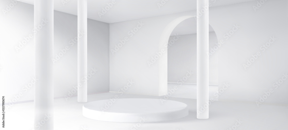 Aufkleber white minimal abstract interior, 3d architectural background with geometric shapes and curved lines.