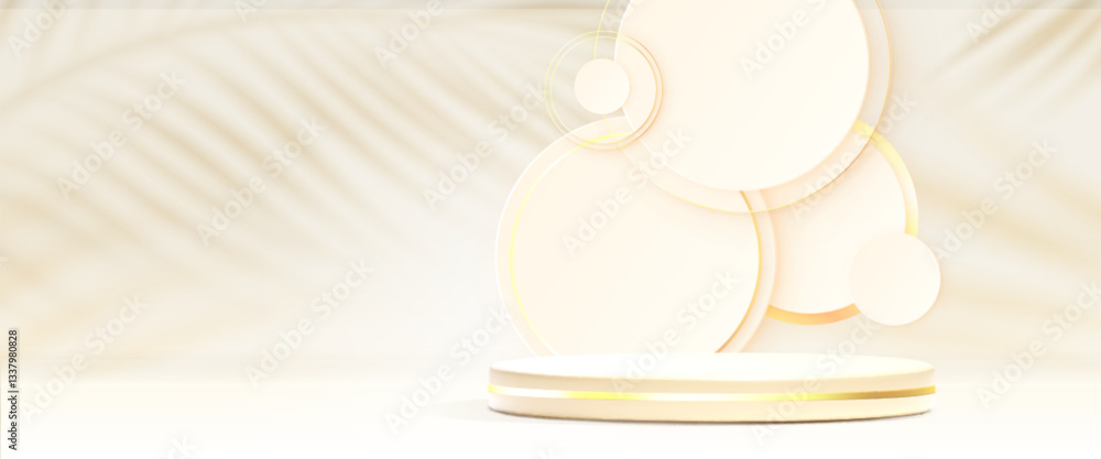 Poster white and gold product display podium with floating circular shapes and palm leaf shadows on light b
