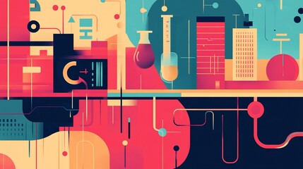 Obraz premium Abstract Technology and Science Illustration featuring buildings test tubes and code