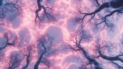 Eerie tree branches against glowing purple sky create surreal atmosphere