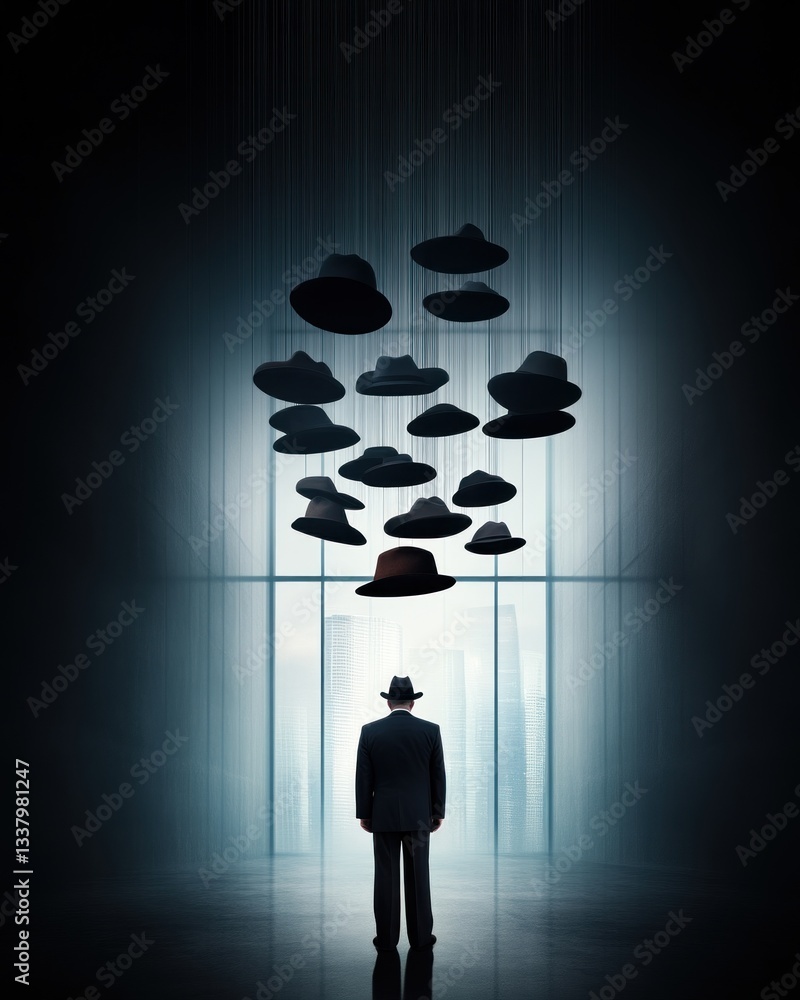 Poster man in suit contemplating hats modern gallery artistic display minimalist environment rear view surr