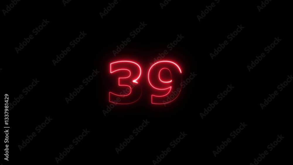 Poster neon text 39 number countdown icon background 4k animation .neon number 39 with alpha channel, neon 