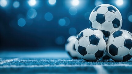 Fototapeta premium group of soccer balls is stacked on field under bright stadium lights, creating dynamic and energetic atmosphere. blue toned lighting adds modern and vibrant feel to scene