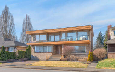 Fototapeta premium Modern architectural design showcases sleek lines and expansive windows in suburban neighborhood