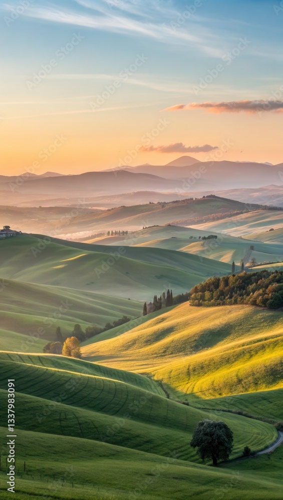 Poster panoramic view of rolling hills at dusk with soft light illuminating the landscape generative ai