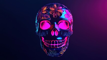 Glossy 3D skull mask with glowing neon floral engravings, combining traditional motifs with futuristic aesthetics. Ideal for Día de los Muertos, cyberpunk art, or party visuals.
