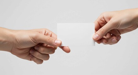 The image features a hand holding a blank white card against a clean white background, creating a minimalist mockup for business or invitation presentations