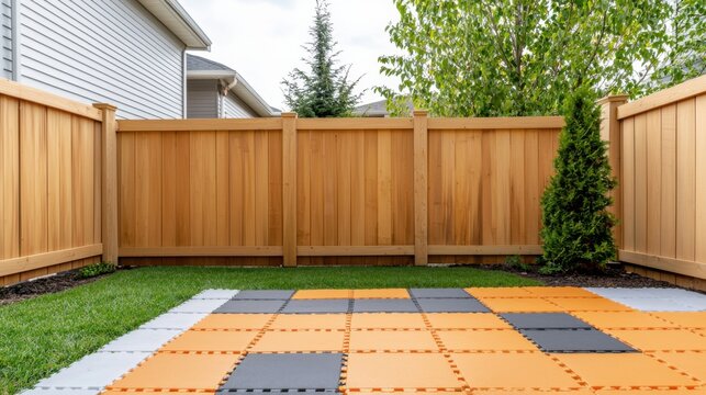 A neat outdoor space features interlocking orange and gray tiles surrounded by wooden fences and greenery.