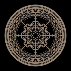 Gold round Muslim Asian Kazakh national ornament frame. Kazakh pattern frame, border, decorative ornament of the Kazakh, Kyrgyz, Mongol, Uzbek, Tajik. For plates, textiles, embroidery, felt, sandblast