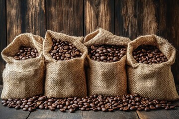 Sacks of roasted coffee beans with rustic wooden background.
