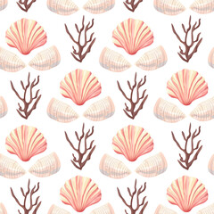 Coastal summer pattern with seashells and starfish. Seamless shell and sea-inspired design in soft tones