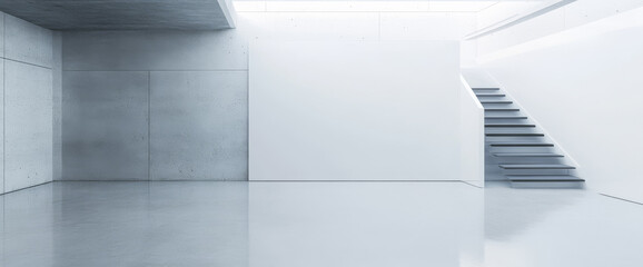 Fototapeta premium Minimalist interior of a modern space with stairs and polished floors in natural light