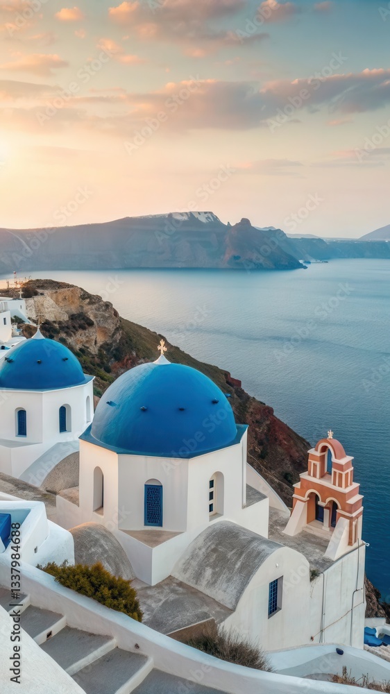 Poster serene view of santorini with white buildings and blue domes at sunset generative ai