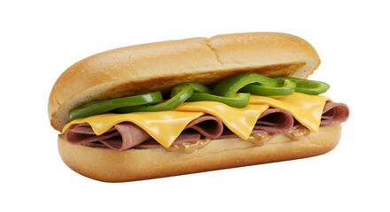 Delicious submarine sandwich with cheese, sliced meat, and green pepper