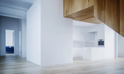 Fototapeta premium Modern minimalistic kitchen and living area showcasing clean lines and wooden accents