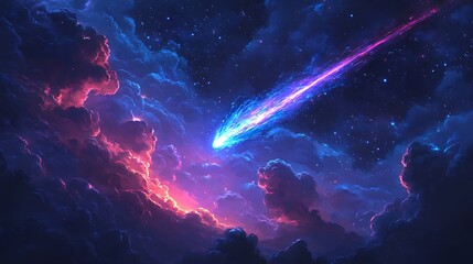 A bright meteor streaking through a stormy sky, electric blue and violet sparks trailing behind, heavy clouds illuminated by the fiery descent, cinematic lighting, surreal atmosphere. --ar 16:9