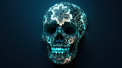 Glossy 3D skull mask with glowing neon floral engravings, combining traditional motifs with futuristic aesthetics. Ideal for Día de los Muertos, cyberpunk art, or party visuals.

