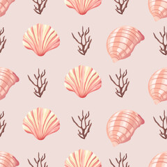 Coastal summer pattern with seashells and starfish. Seamless shell and sea-inspired design in soft tones