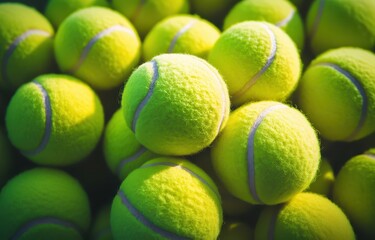 Bright yellow tennis balls piled up in vibrant sunlight.