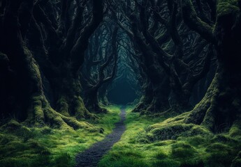 A pathway through the lush and mysterious forest leads forward