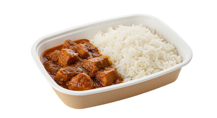 Serving of Beef Curry with White Rice in Takeout Container