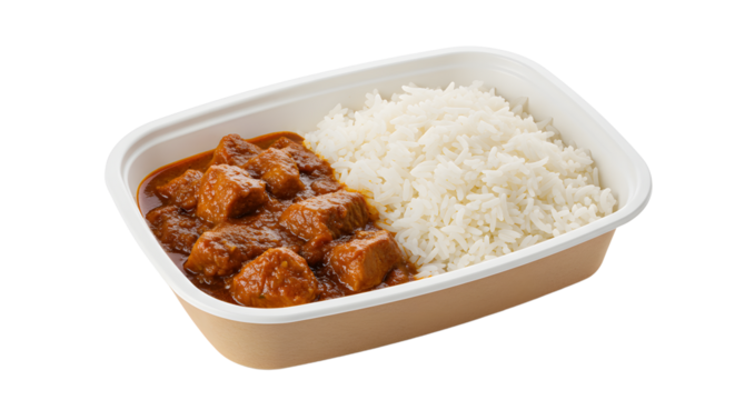 Serving of Beef Curry with White Rice in Takeout Container