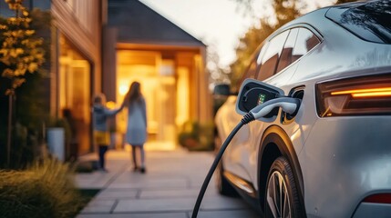 Fototapeta premium Electric car charging at home with mother and child in background, symbolizing clean energy and sustainable living