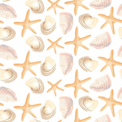 Seamless shell and sea-inspired design in soft tones
Summer-themed coastal pattern with seashells