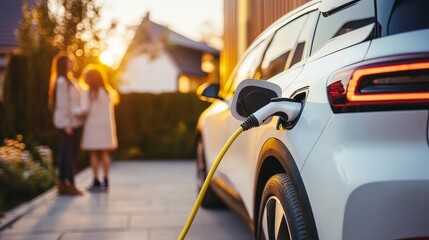 Electric car charging at home with mother and child in background, symbolizing clean energy and sustainable living