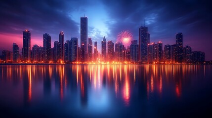 Fototapeta premium A vibrant firework display over a city skyline, cascading sparks illuminating the towering skyscrapers, reflections shimmering in the water below, long-exposure photography, ultra-HD realism,