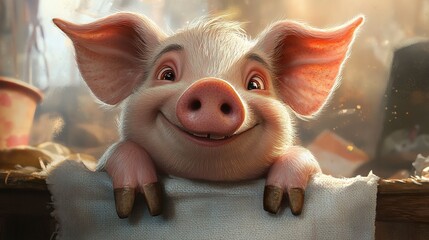 A happy pig with its front hooves draped over a white banner, its eyes twinkling and ears perked up, giving a friendly and welcoming vibe 