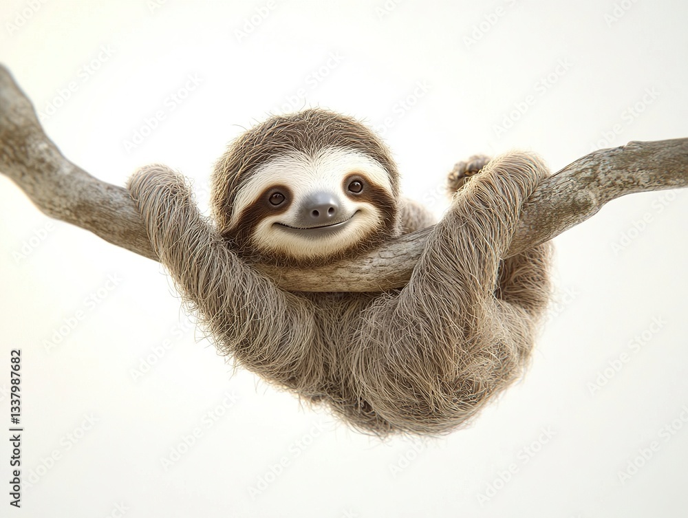Poster a happy sloth in vector format, hanging effortlessly from a branch with a content smile, its fuzzy o