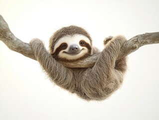 A happy sloth in vector format, hanging effortlessly from a branch with a content smile, its fuzzy outline adding depth and personality, set against a white background. 