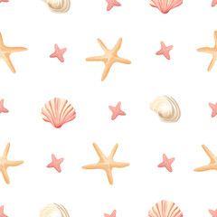 Seamless shell and sea-inspired design in soft tones
Summer-themed coastal pattern with seashells