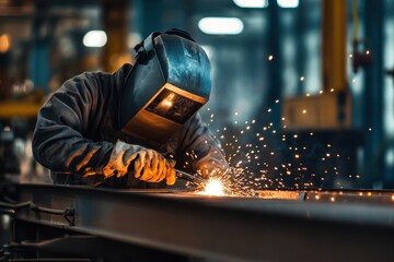 Industrial welder at work with bright sparks flying in a workshop.