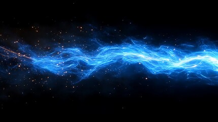 Vibrant blue electric sparks intertwining in mid-air, forming intricate patterns against a deep black background, glowing plasma tendrils twisting dynamically, high-speed photography,