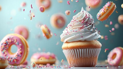 A fluffy cupcake topped with luxurious frosting and vibrant sprinkles stands at the center. Surrounding it, playful donuts float gracefully in mid-air, adding a joyful touch