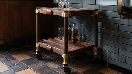 A high-end wooden bar cart with leather handles and brass accents.