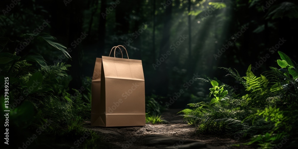 Aufkleber mysterious paper bag resting on a forest path softly illuminated by rays of sunlight generative ai