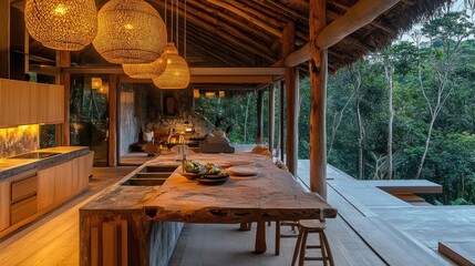 A kitchen designed with sustainable materials and energy-efficient lighting.