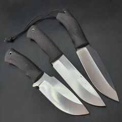 Set of hunting knives featuring sharp mirror-polished edges and forged steel blades. Handmade...