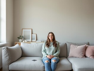Obraz premium Woman sitting on a gray sofa with closed eyes, meditating in a stylish, minimalist living room with framed art and decor in the background. Concept of relaxation. Ai generative