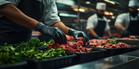 Obraz premium Culinary Art Unfolds as Chefs Meticulously Prepare Fresh Ingredients in a Bustling Kitchen During Dinner Service Preparation Generative AI