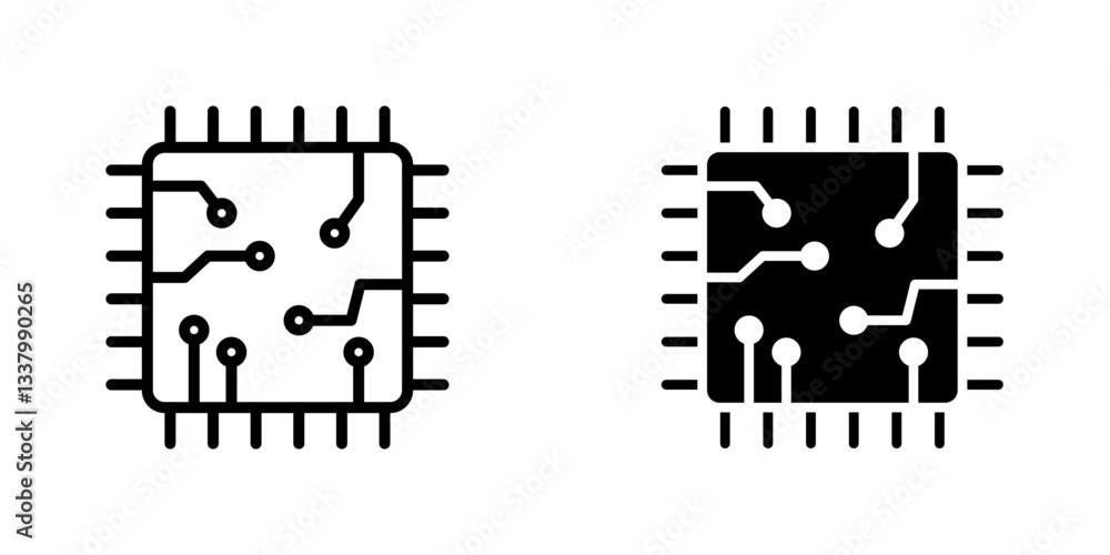 Poster microchip flat icons in line outline and flat solid style on white background
